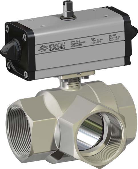 DG153H006 OMAL - Кран шаровой муфтовый, 1" ДУ 25, латунный, трёхходовой, с пневмоприводом ДД