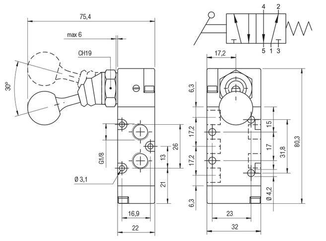 01V L0 5 00 02 AIGNEP - Пневмораспределитель с тумблером боковым, 5/2 моност., G1/8