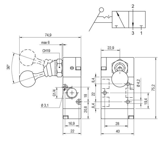 01V L1 3 00 03 AIGNEP - Пневмораспределитель с тумблером боковым, 3/2 бист., G1/4